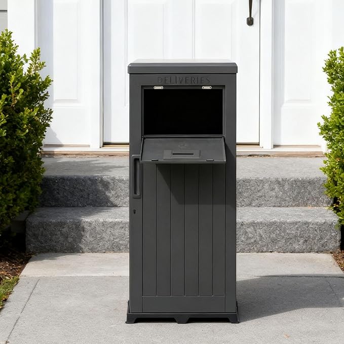 Package Delivery Box for Outside, Large Parcel Drop Box, Lockable Waterproof Resin Anti-Theft Outdoor Package Mailbox with Secure Storage for Porch, Curbside, House & Office Deliveries