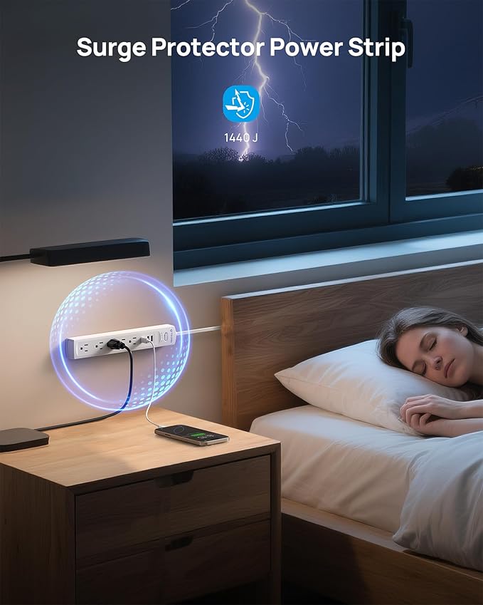 TROND Surge Protector Power Strip with 360° Rotating Flat Plug, 5 Widely Spaced Outlets with 2 USB C and 2 USB A, 1440J Surge Protector, Wall Mountable, Extension Cord 6ft for Home Office Dorm, White