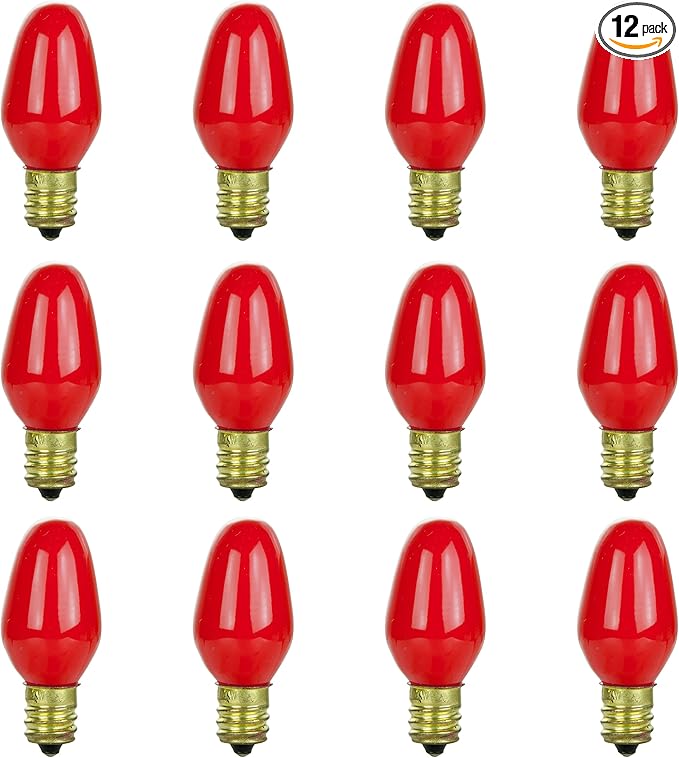 Sunlite 01058 7C7 Incandescent Bulb, 7 Watt, Candelabra E12 Base, C7 Small Night Light, Colored Bulb, Red, 12 Count