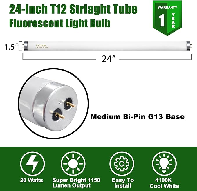 F20T12/CW 20 Watt Light Bulb Cool White, 24 Inch T12 Fluorescent Tube 20W Compatible with Philips Sylvania GE Light Fixture G13 Cap 4 Count