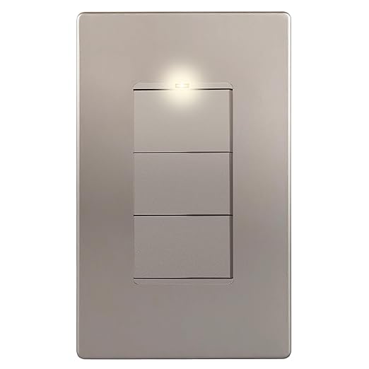LIDER Minimalist Design Matte Finish Lighted Triple Switch with Screwless Wall Plate, Combination Frameless Decorator Switch with Locator Light, Ground Terminal Single Pole 15A 120V, UL Listed, Nickel