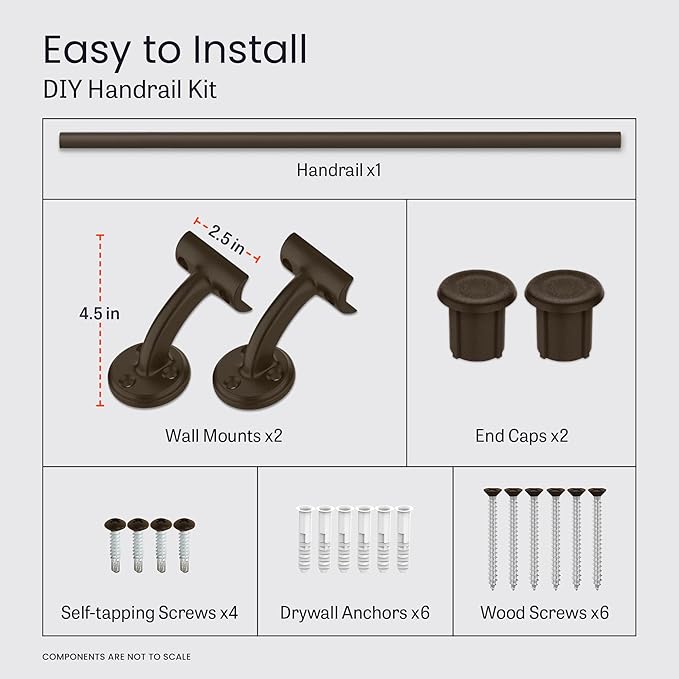 Meranti Aluminum Handrail for Indoor or Outdoor Steps and Stairs – Hand Rails for Elderly – DIY Complete Stair Railing Kit (AHR, Bronze Textured, 5' Length)