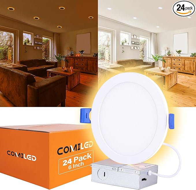 24 Pack 6 Inch Led Recessed Lights with Night Light, Canless Ultra Thin Wafer Soffit Recessed Lighting Downlight, Dimmable & 5 Color Temperature Selectable, 12W, ETL, White