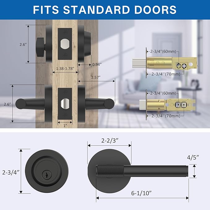 Amerdeco Front Door Lock Set with Double Cylinder Deadbolt, Black Exterior Entry Door Lever, Heavy Duty Entry Door Locksets for Left or Right Hand Exterior Door（Black 2 Pack）