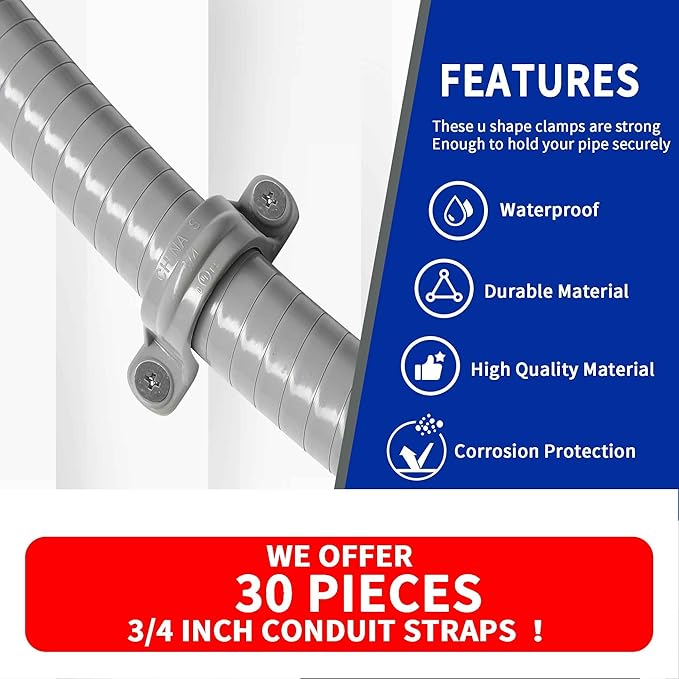 (30 Pack) Yariwiz 3/4 inch Plastic PVC Flex Electrical Conduit Strap Clamp Fittings