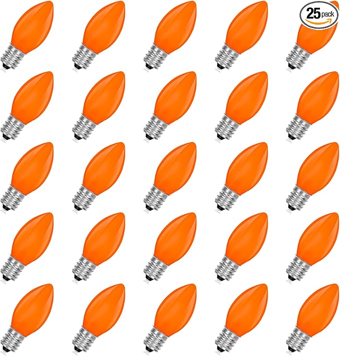 C7 Orange Light Bulbs- 25 Pack Vintage Ceramic Orange Light Replacement Bulbs for Halloween Christmas Lights Night Light Chandelier Fall Holiday Decor, E12 Candelabra Base, 5 Watts