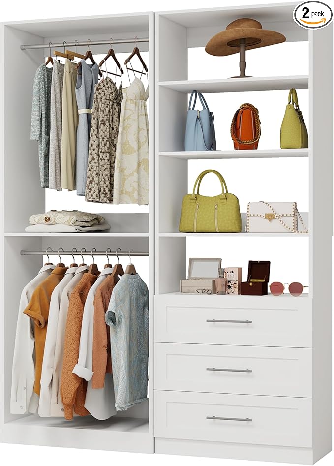 Closet System with 3 Drawers, 4FT Wood Closet Organizer System with 4 Hanging Rods&Adjustable Shevles, 81"Tall Modular Walk In Closet System, Standalone Closet System System, 2 Set,White