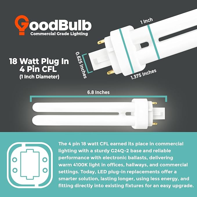 GoodBulb 18 Watt CFL Light Bulbs 4 Pin G24Q-2 Base 4100K Cool White 18W High Output 1200 Lumens Double Tube Compact Fluorescent Light Bulbs Plug-in 10 Pack