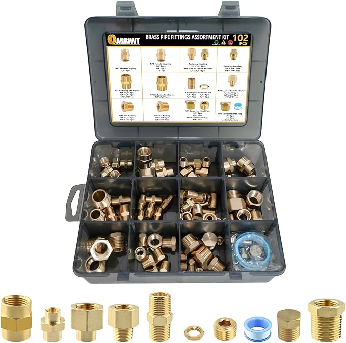 102PCS Brass Pipe Fittings Assortment Kit NPT Adapter, Hex Nipple, Reducer Bushing, Coupling, Reducer Busing, Close Nipple, Hex Head Plug, BulkHead Nut & Countersunk Plug NPT Fittings Kits