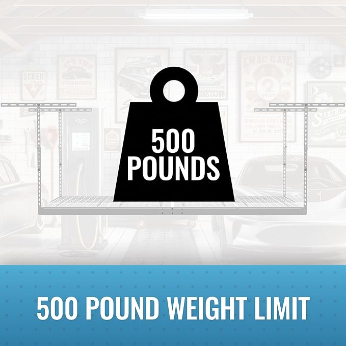 MonsterRax Overhead Garage Storage Rack - 4 x 8 Ceiling Rack for Garage Racks, Organization Shelving, Adjustable Hanging Shelf, White, 12"-21" Height Adjustment