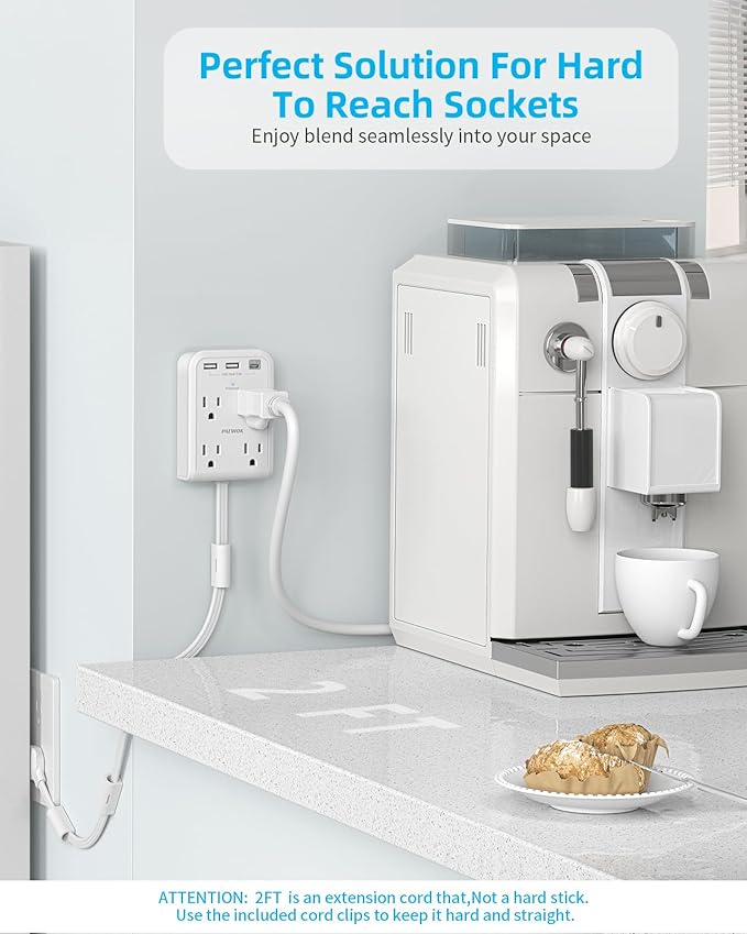 Short Power Strip 2FT - Flat Wall Extension Cord with 4AC Outlet and 3 USB Ports(1 Type C), Multi Plug Outlet Extender Small Surge Protector for Home Office Dorm, White