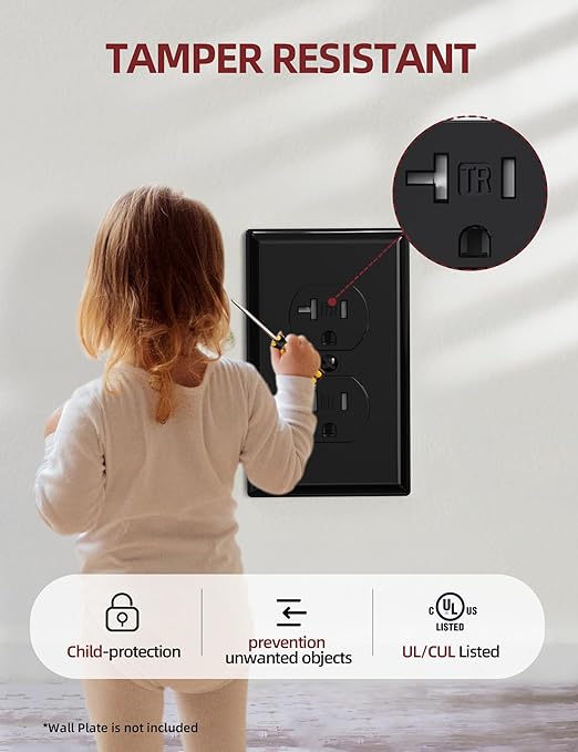 AIDA 20 Amps Outlets Duplex Electrical Receptacle Outlets,Tamper Resistant,Heavy-Duty Receptacle Wall Outlet,Residential,TR,3-Wire, Self-Grounding Clip, NEMA 5-20R,UL Listed (20 Pack, Black