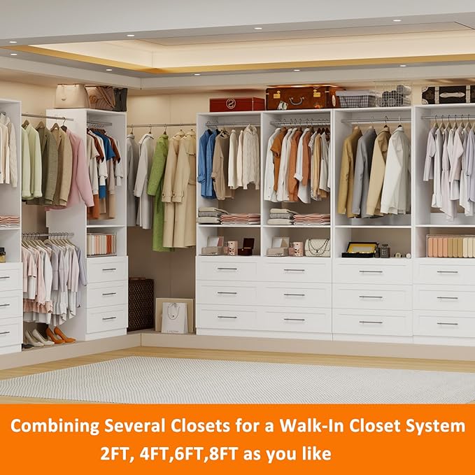 Closet System, Small Modular Closet Organizer System with 3 Drawers and Shelves, Expandable 2 Hanging Rod, Custom Closet Organization System for Walk-in Closet, White (2FT)