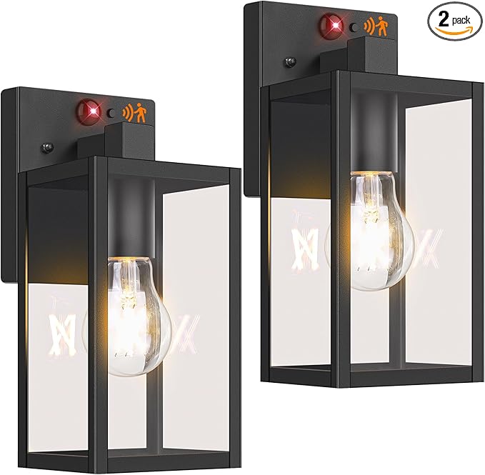 2-Pack Upgraded Motion Sensor Outdoor Wall Lights, 10.6” Small Dusk to Dawn Porch Lights Wall Sconce Lanterns, 3 Lighting Modes Exterior Lighting Fixtures, Black Outside Lights for House Front Door