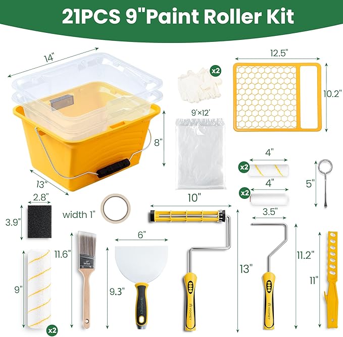 Voomey 21PC 9 Inch Paint Bucket - Paint Roller Kit with Bucket Liner, Includes Roller Frame & Microfiber Covers, Professional Wall Painting & DIY Projects
