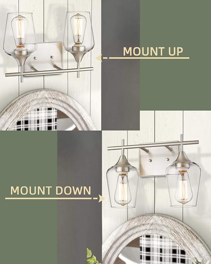 2 Lights Bathroom Light Fixture, 15 Inch Brushed Nickel Bathroom Vanity Lights Over Mirror, Modern Farmhouse Bath Wall Sconce Light with Clear Glass, WL9167-2C