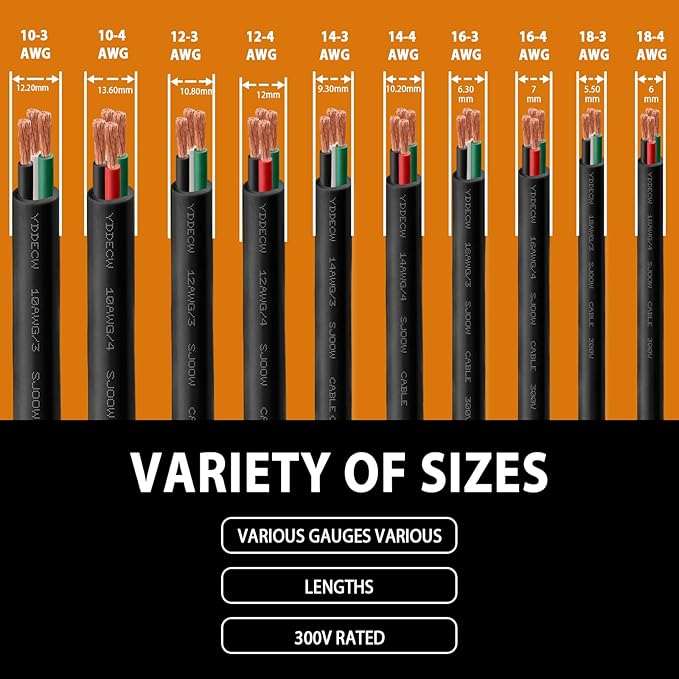 250ft 12/3 12 AWG Portable Power Cable (3 Conductor) - SJOOW 300V 12 Gauge Electric Wire for Motor Leads, Portable Lights, Battery Chargers and Machinery - 3 Conductor - 250 Feet Electrical Cord