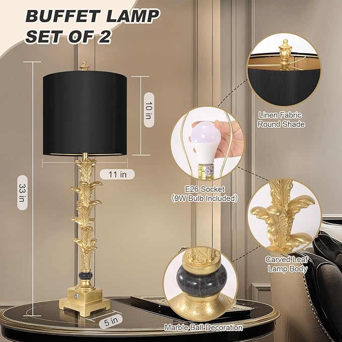 Table Lamps Set of 2 for Living Room, 3-Way Dimmable Touch Buffet Lamps with USB A+C Ports, Gold Leaf Finish Bedside Lamps with Black Linen Shades, Modern Nightstand Lamp for Bedroom Office Entryway