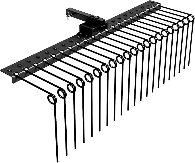 Tow Behind Landscape Rake, 60" Tow Dethatcher with 21 Steel Coil Tines, Lawn Dethatcher Rake Attaches to 48" or 60" Toolbars and 3-Point Suspension Systems, for Leaves, Pine Needles, and Grassn, Black