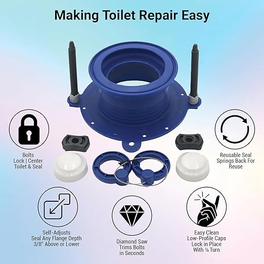 One N Done Toilet Flange Repair Kit – Complete Toilet Wax Ring Replacement Kit – Durable Waxless Toilet Ring – Includes Toilet Flange Bolts, Toilet Bowl Caps, and Toilet Flange Extension Kit (1 Pack)