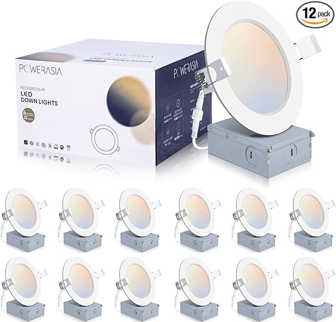 12 Pack 4 Inch Ultra-Thin LED Recessed Ceiling Light with Junction Box, 5CCT Dimmable 2700K/3000K/4000K/5000K/6000K, 9W 850lm Can Killer Downlight-ETL and Energy Star Certified
