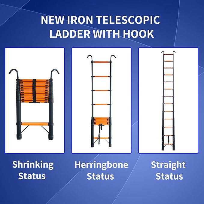 JADDUO Telescoping Ladder,12.5 FT Extension Ladder with Hook, Iron Lightweight Telescopic Ladder for Household and Outdoor Working