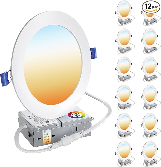 12 Pack 6 Inch LED Recessed Ceiling Light| 5CCT Dimmable 2700K-5000K| RA90 1050LM 12W 120V| Ultra-Thin High Brightness Canless Wafer Downlight with Junction Box| IC ETL FCC Certification