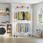 VIPEK R2 Heavy Duty Rolling Garment Rack 3 Tiers Adjustable Clothes Racks with Double Rods & Hooks, Freestanding Wardrobe Closet Storage Rack Metal Clothing Racks for Hanging Clothes, White