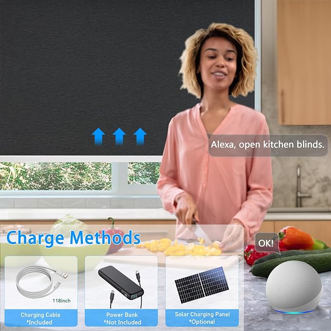 Motorized Blinds with Remote Cordless Automatic Motorized Shades Custom Blinds for Windows Smart Curtains Compatible with Alexa Google Home(Blackout Jacquard Black,Custom Size)