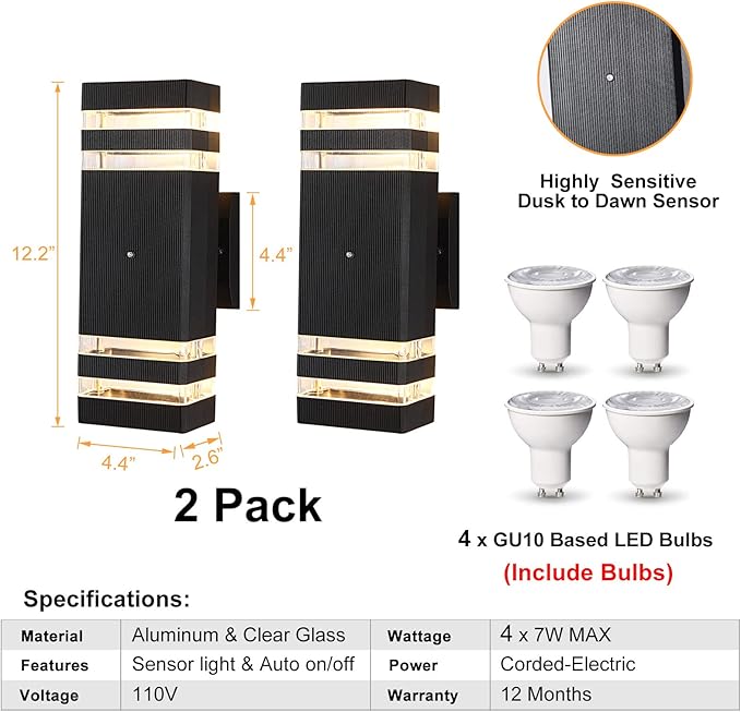 Dusk to Dawn Led Outdoor Lighting 2 Pack,3000K Warm White Exterior Light Fixture,Aluminum Sensor Waterproof Outdoor Lights for House Porch Hallway Patio Garage