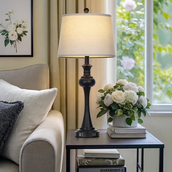 28.75" Black Modern Table Lamps for Living Room, Bedside Lamp with USB A+C Ports & AC Outlets, 3 Way Dimmable Touch Lamps for Living Room,Nightstand Lamp LED Bulb Included (1Pack