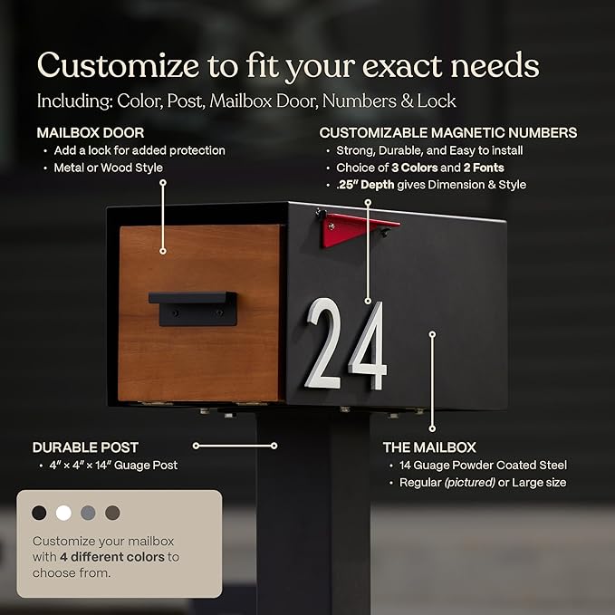 post & porch Malone Mailbox | Post Mounted Mailbox | Black/White/Gray/Brown/Red/Blue/Green, Regular or Large, Weatherproof Mail Box for Outside, Customizable (Black, Regular)
