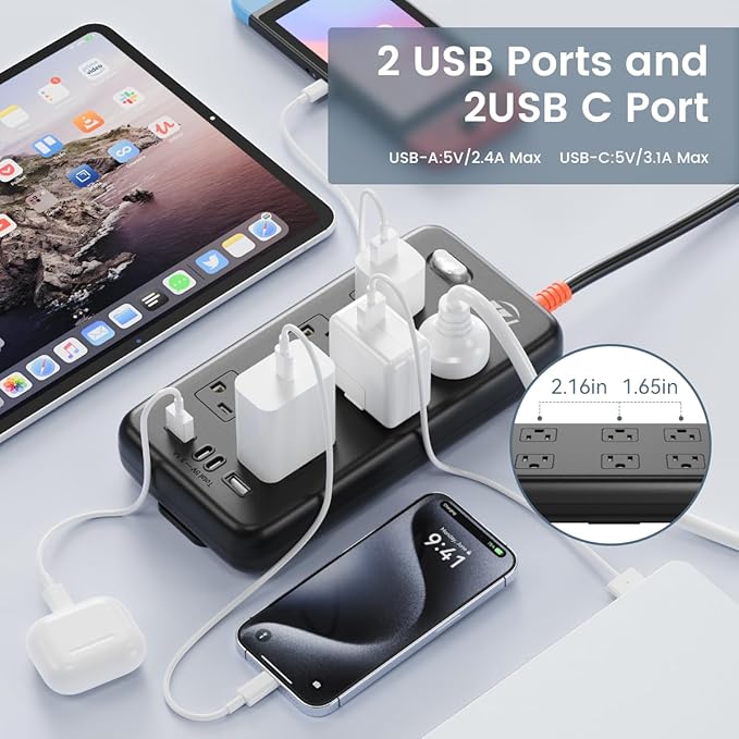 Outdoor Power Strip Weatherproof, IPX6 Waterproof Surge Protector with 6 Wide Outlets and 2USB A&2USB C, 1875W/15A, 6FT Extension Cord, Wall Mountable for Indoor Outdoor, UL FCC Listed