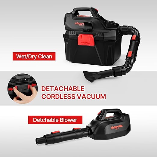 Shop-Vac 2 Gallon 20V Cordless Wet/Dry Vacuum, Portable 3-in-1 Vac with Blower Function, Integrated Battery and Charger Included, Ideal for Garage, Workshop, Car & Jobsite, 5430082