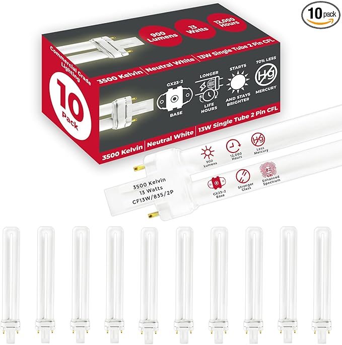 GoodBulb 13 Watt CFL Light Bulbs 2 Pin GX23 Base 3500K Neutral White 13W High Output 800 Lumens Single Tube Compact Fluorescent Light Bulbs Plug-in 10 Pack