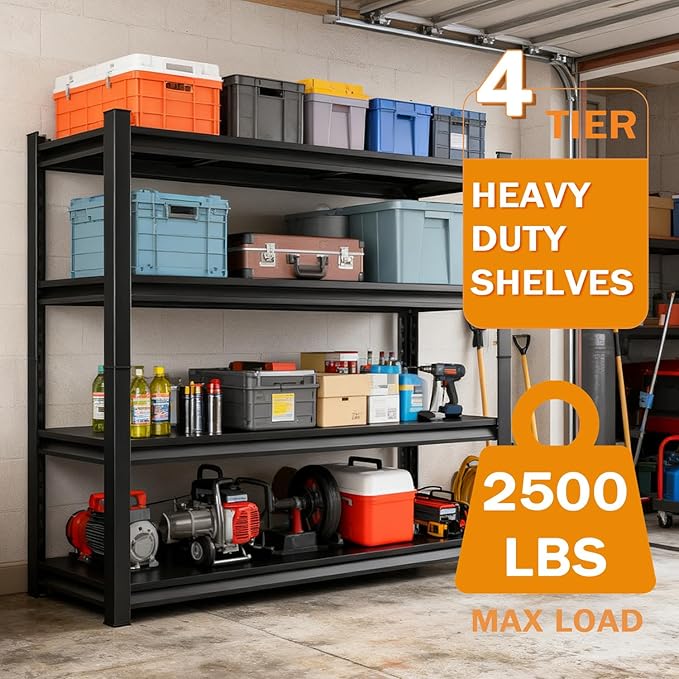 Metal Garage Storage Shelves Heavy Duty Shelving Unit 4 Tier Steel Adjustable Organizing Shelves 2500 LBS Capacity Industrial Shelving Ideal for Garage Tote Pantry Basement Outdoor, 63”Hx39”Wx16”D