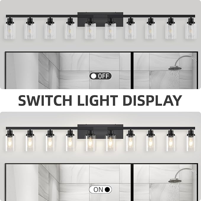 10 Light Bathroom Vanity Lights Over Mirror, 65.4inch Black Vanity Lights Fixtures Matte Black Modern Vanity Lights Black Bathroom Wall Lighting for Mirror Bedroom,Living Room