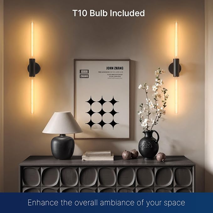 FLSNT Matte Black 2-Light Wall Sconce with Clear T30 Edison LED Bulbs, Dimmable E26 Standing Lamp, 2700K Soft White, 90 CRI, 350LM, Aluminum Alloy Wall Lamp for Living Room, Bedroom, Office