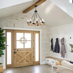 8 Lights Wooden Wagon Wheel Chandelier Natural Farmhouse 23.6'' Black Metal Light Fixtures Rustic Wood Round Chandelier for Living Dining Room Kitchen Entryway Foyer