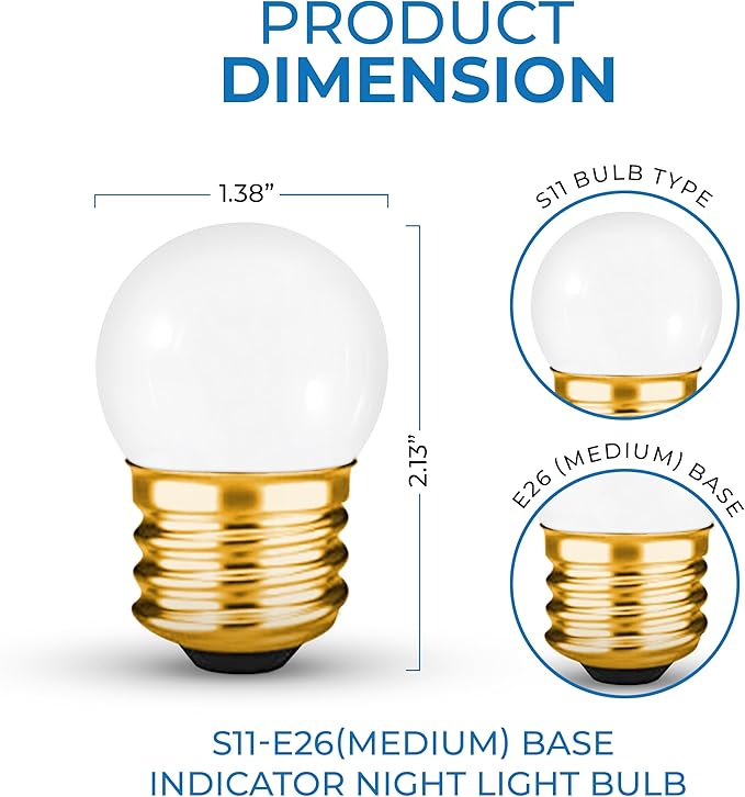S11 Indicator Incandescent Ceramic White Night Bulb with E26 Base, 7.5W White Light with 40 Lumen Brightness, Perfect for Home Decor, Pack of 20