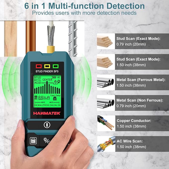HANMATEK SF3 6-in-1 Stud Finder, High-Precision Wall Scanner for Wood, Metal, and Live AC Wires Detection – Ideal for Home Renovation and DIY Projects