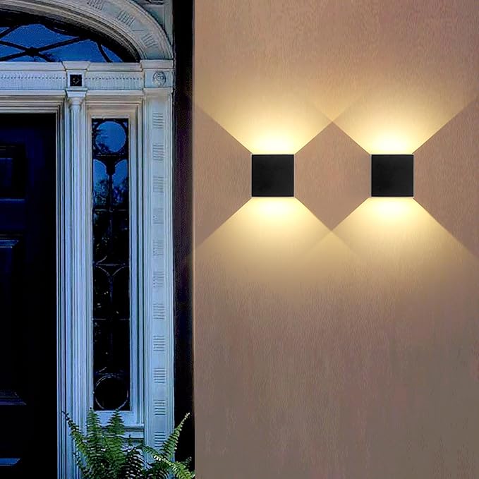 4 Pack Outdoor Wall Lights Exterior/Interior LED Wall Sconces IP65 Waterproof Square Aluminum Wall Lamps Outdoor Lighting Fixture Up and Down Lights Modern Black 12W 3000K Warm Lights