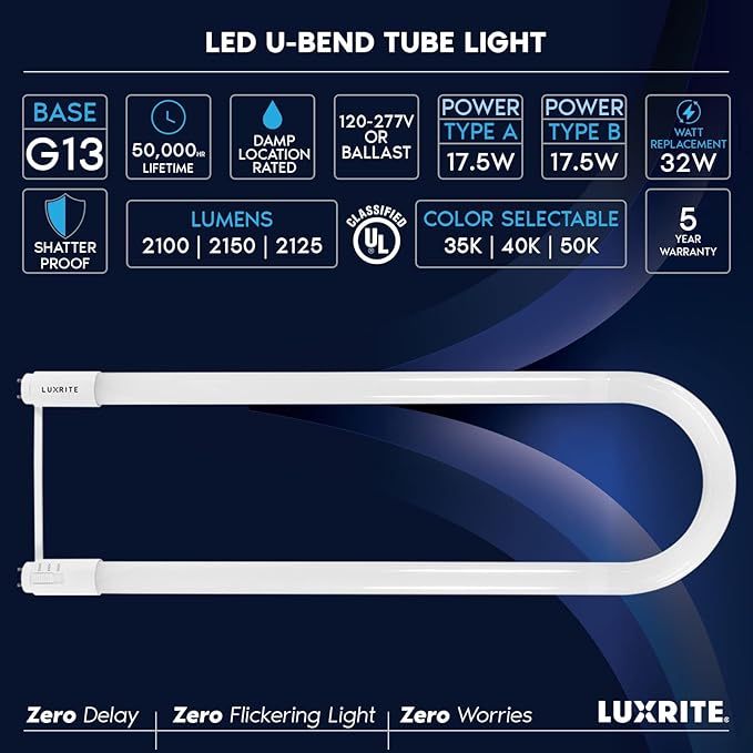 Luxrite U Bend LED Tube Light, T8 T12, 17.5W (32W Equivalent), 3 Colors 3500K | 4000K | 5000K, 2100 Lumens, Fluorescent Light Tube Replacement, Direct or Ballast Bypass, UL Certified, G13 Base, 6-Pack