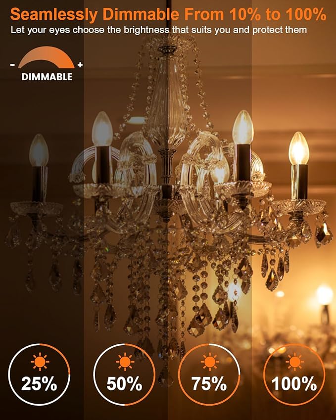 E12 60 Watt Incandescent Candle Light Bulbs, Chandelier Light Bulbs for Ceiling Fan, Vanity, Outdoor - Warm White 2500K, 500 Lumen Dimmable B10 Clear Candelabra Base Bulbs (12 Pack)