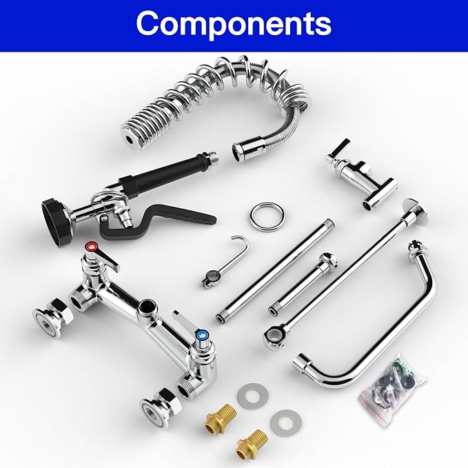 Commercial Faucet with Pre-Rinse Sprayer : 25" Height 8" Adjustable Center Wall Mount Commercial Kitchen Sink Faucet with Pull Down Spray & 10" Add-on Swing Spout for 1/2/3 Compartment Sink