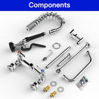 Commercial Faucet with Pre-Rinse Sprayer : 25" Height 8" Adjustable Center Wall Mount Commercial Kitchen Sink Faucet with Pull Down Spray & 10" Add-on Swing Spout for 1/2/3 Compartment Sink