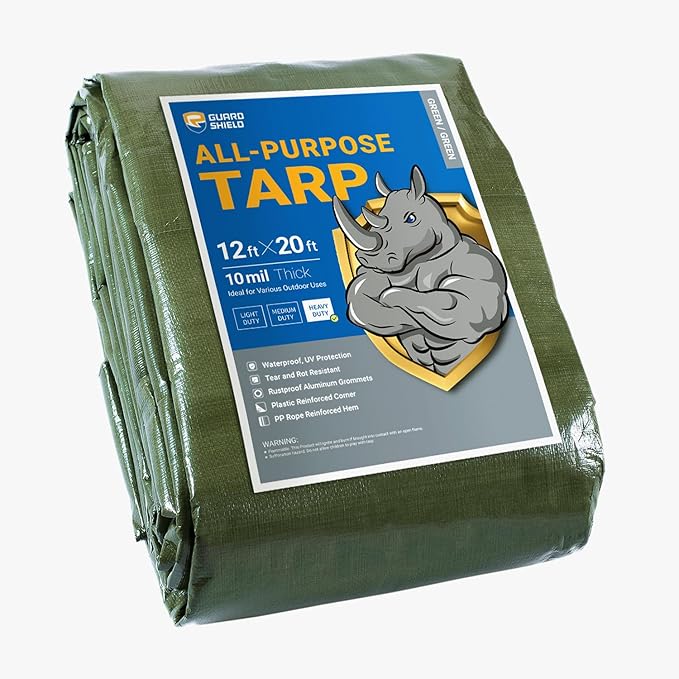 GUARD SHIELD Heavy Duty Tarp 12x20 Feet Green Multi Purpose Thick Waterproof Poly Tarp Cover 10mil