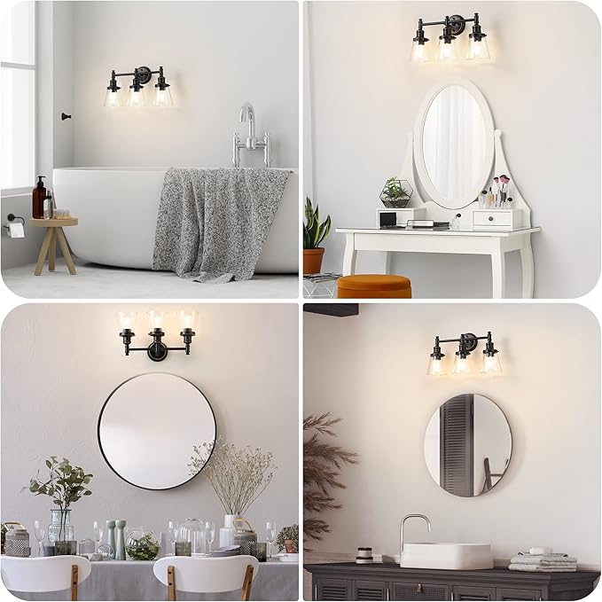 DEWENWILS Bathroom Light Fixtures, 5-Piece All-in-One Bathroom Vanity Lights Over Mirror, 3-Light Bath Wall Mount Sconce with Clear Glass Shade, Towel Bar, Ring, Robe Hook, Toilet Paper Holder