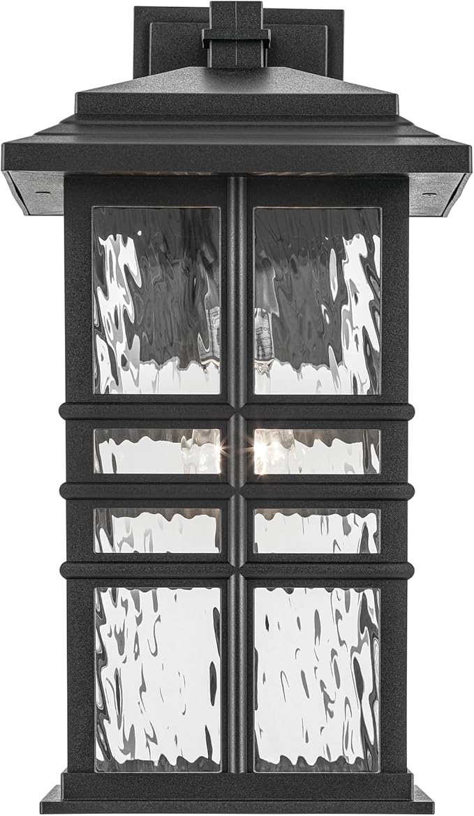 KICHLER Beacon Square 17.25" 1-Light Outdoor Wall Light with Clear Hammered Glass in Textured Black, for Exterior Doors, Garage, Porch, or Patio (17.25" x 9.5"), 49831BKT