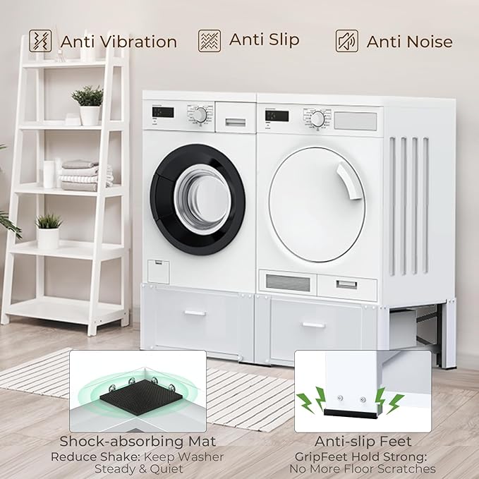 SKM 2 Pack Laundry Pedestals with Drawer - 28" Washer and Dryer Stand, Steel Washing Machine Raiser for Elevation, 14.3 Inches Height, White